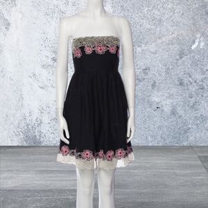 Anthropology Tibi Embroidered Floral Silk Strapless Dress